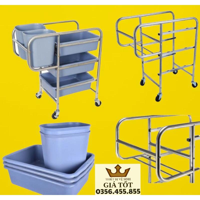 Xe đẩy thu dọn thức ăn,xe thu gom chén đũa inox chân thẳng