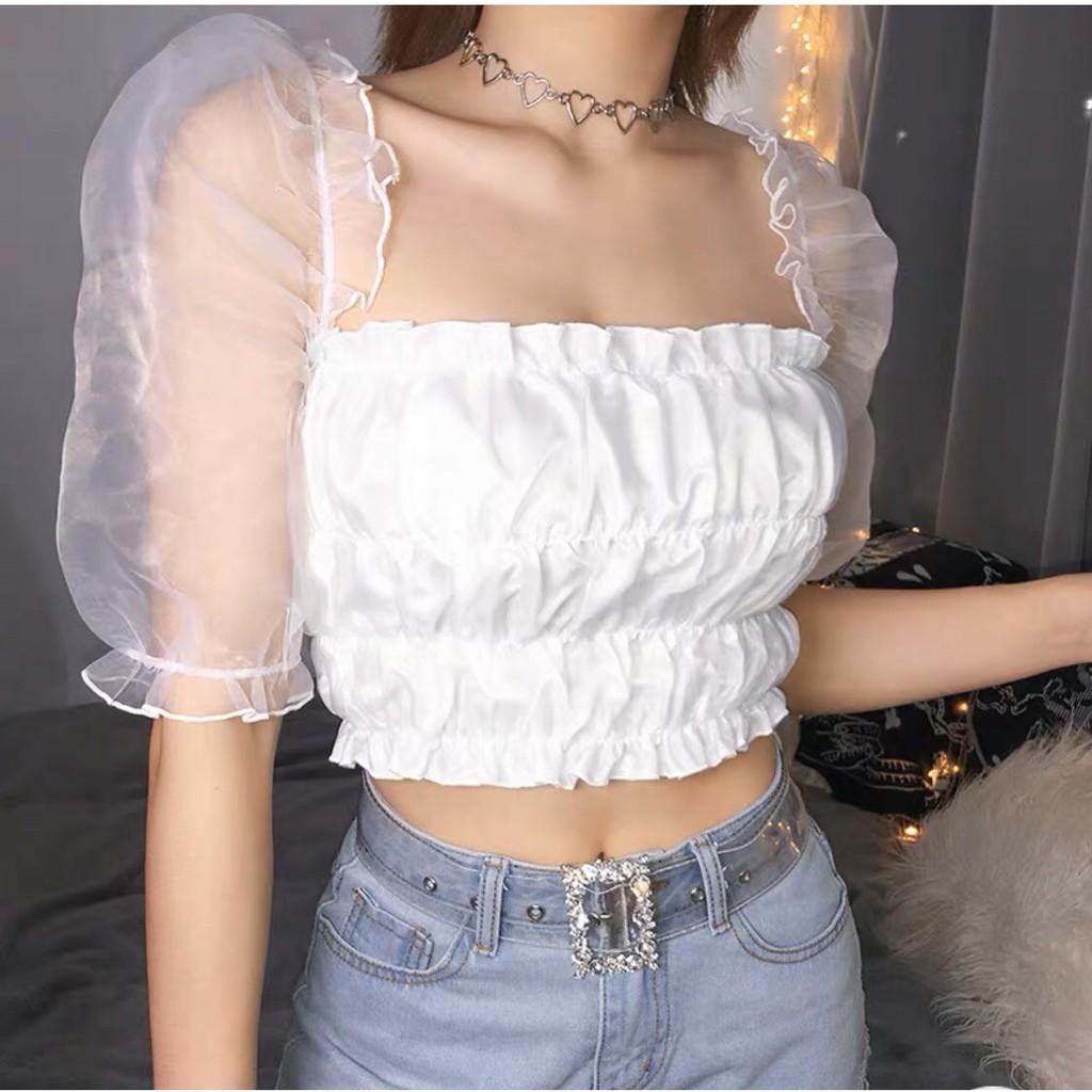 Áo croptop kiểu chất ngầu  tay voan lưới bồng bềnh mây trôi ⛅ trắng đen trơn ngắn nữ cổ vuông ôm swag girl CRON 113 -4B