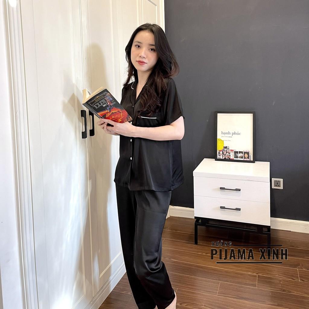 Pyjama lụa trơn - Chất Latin trơn màu đen Cao cấp Chất đẹp Đường may chuẩn, Bộ cộc quần ngắn