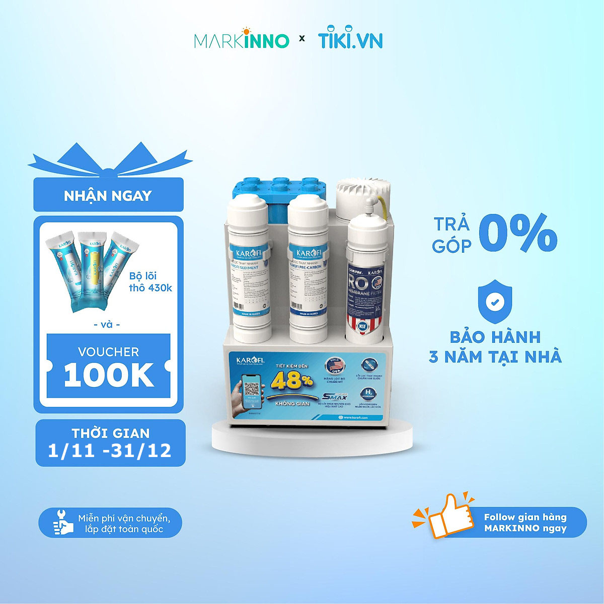 Bộ lọc nước để gầm KAROFI KAQ-U10 bình áp gia dụng 6L hệ thống 10 lõi màng RO 100GPD chuẩn Mỹ hàng chính hãng