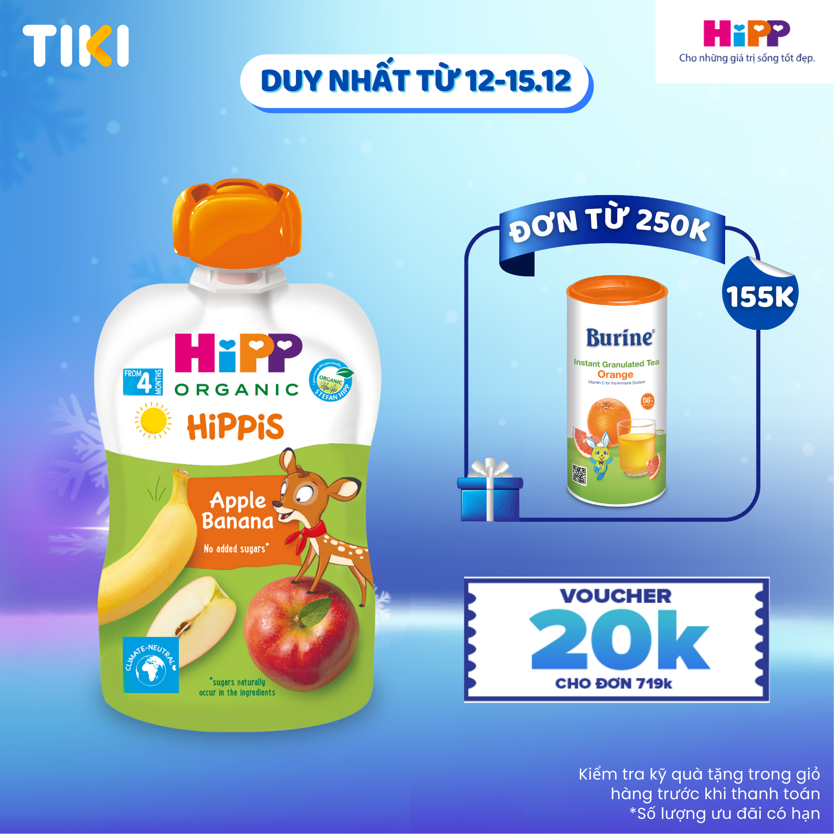 Dinh dưỡng 100% Trái cây nghiền Organic HiPPiS Táo, Chuối