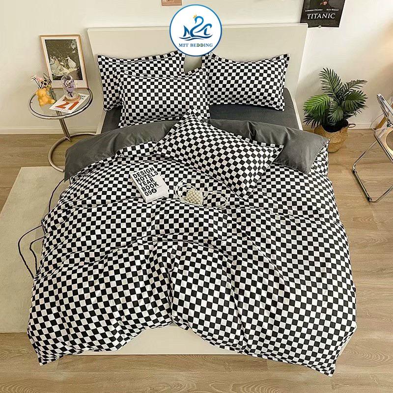 Bộ chăn ga gối Cotton poly M2T Bedding, vỏ chăn mền, drap ga giường và 2 vỏ gối - PL Bàn cờ vua đen nhỏ