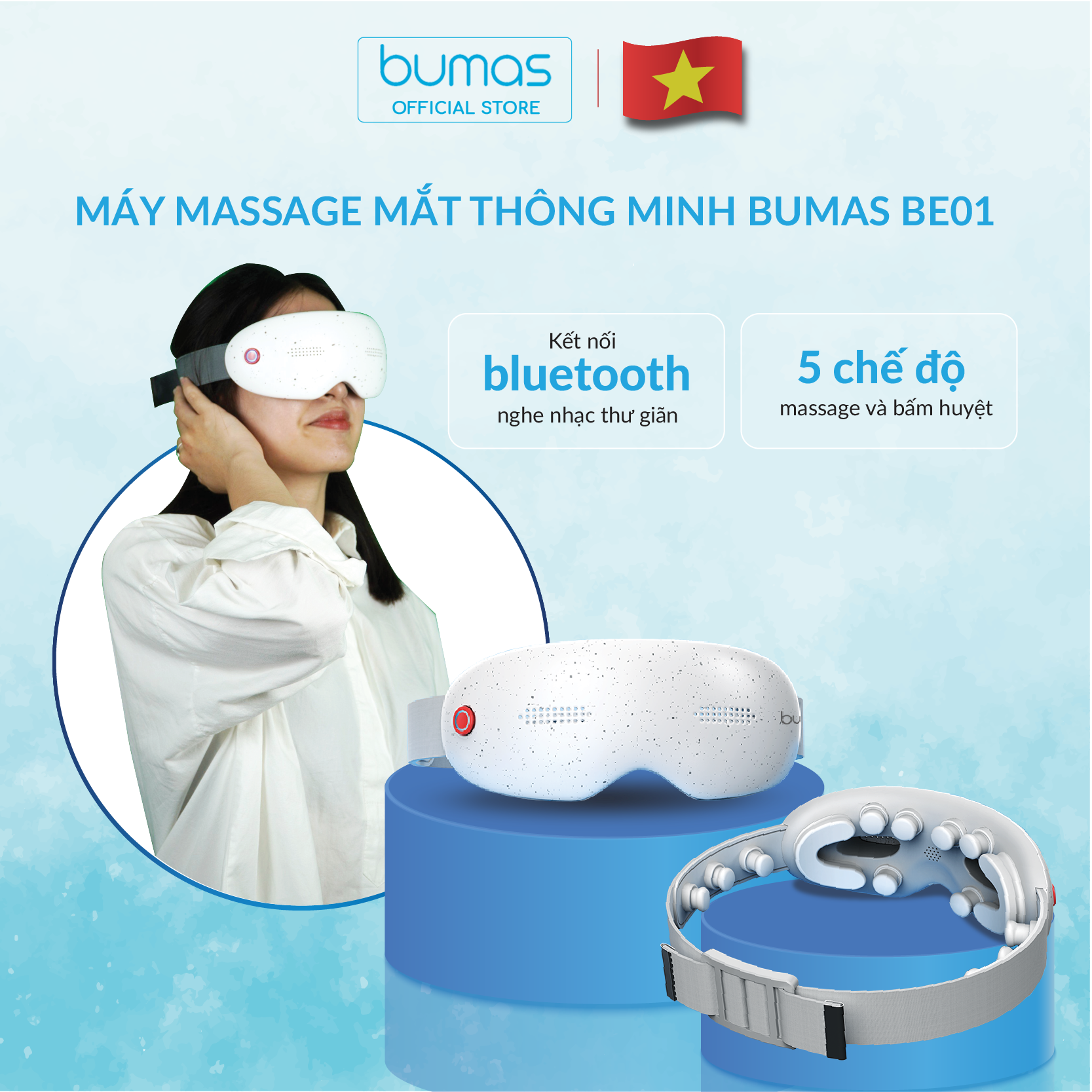 Máy massage mắt đa năng BUMAS BE01 - Mát xa đa điểm kết hợp chườm nóng - 5 chế độ lựa chọn - Kết nối Bluetooth nghe nhạc thư thái