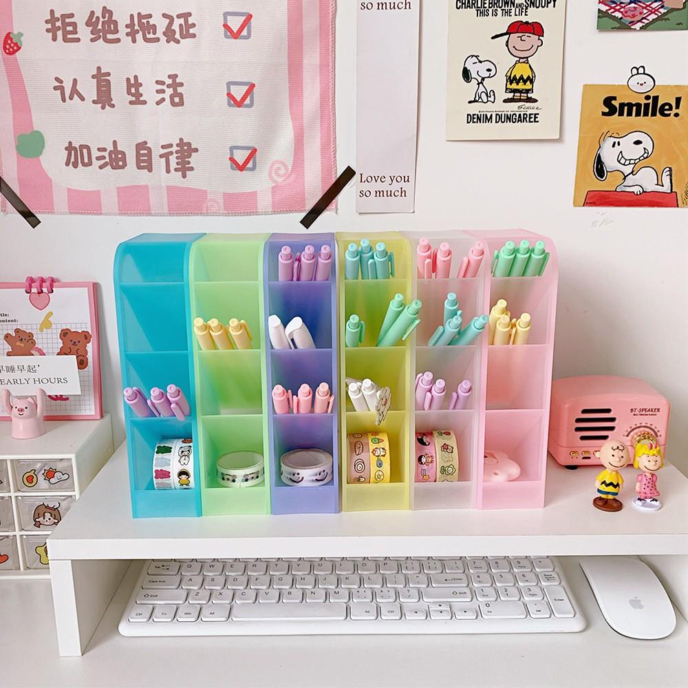 Hộp Đựng Bút 4 Ngăn Trong Suốt Để Bàn Tiện Dụng Nhiều Màu