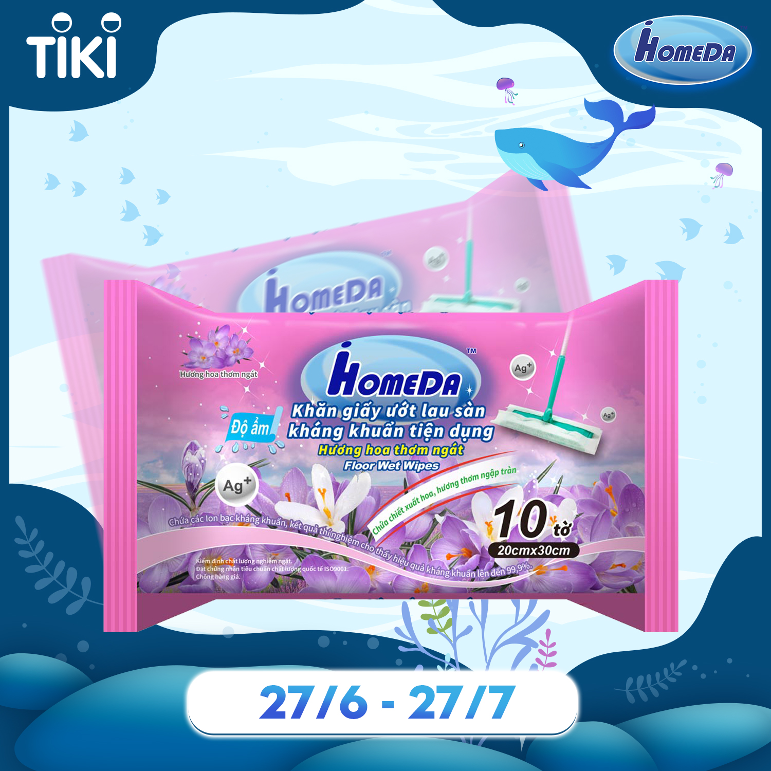 Khăn ướt lau sàn kháng khuẩn tiện dụng IHomeDa - Hương Lavender ( 10 miếng ) - iHomeda anti-bacteria floor and kitchen wet wipes ( 10 sheets per package)