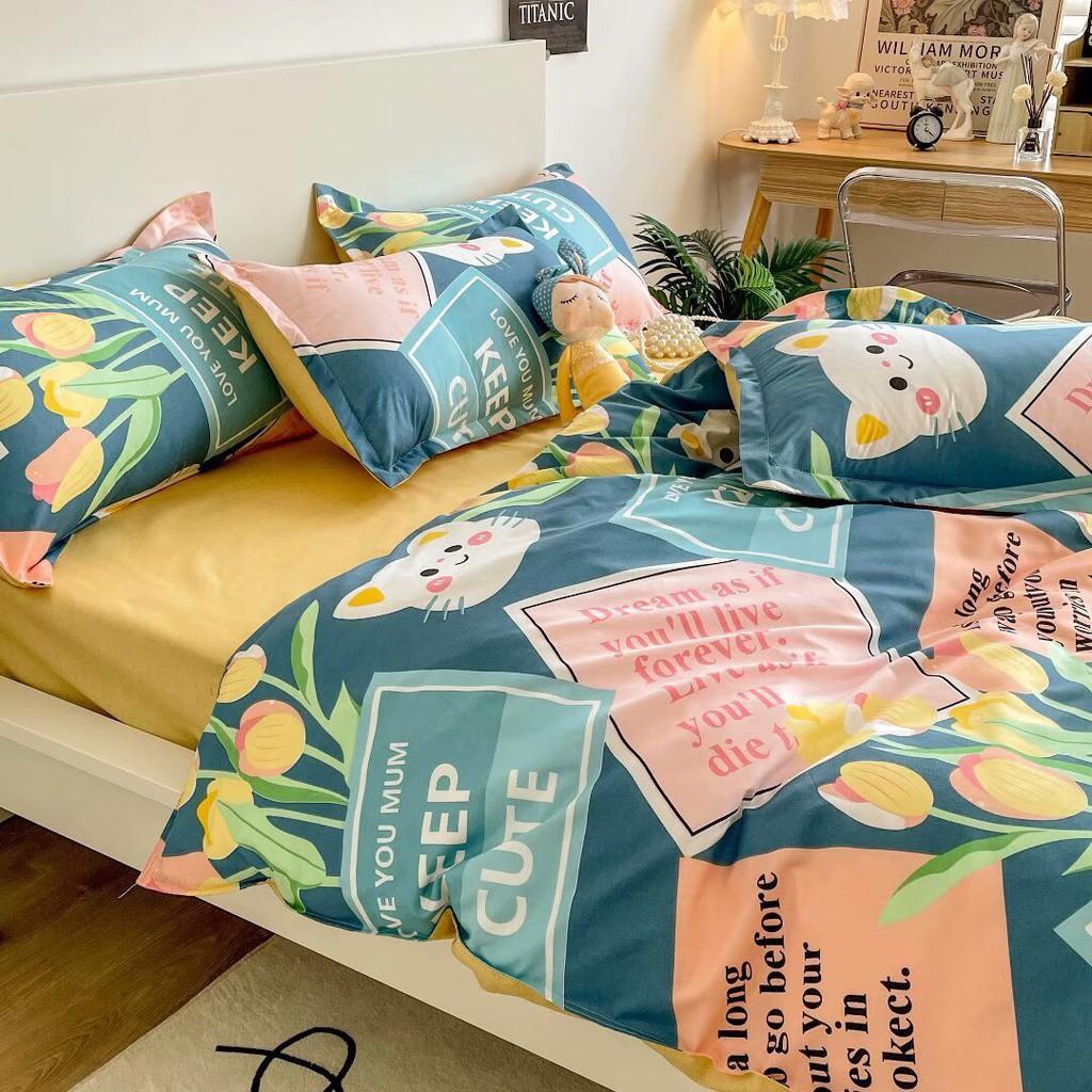 Bộ chăn ga gối Cotton Poly Minh Nhật Mèo hoa, vỏ chăn mền, drap giường và 2 vỏ gối