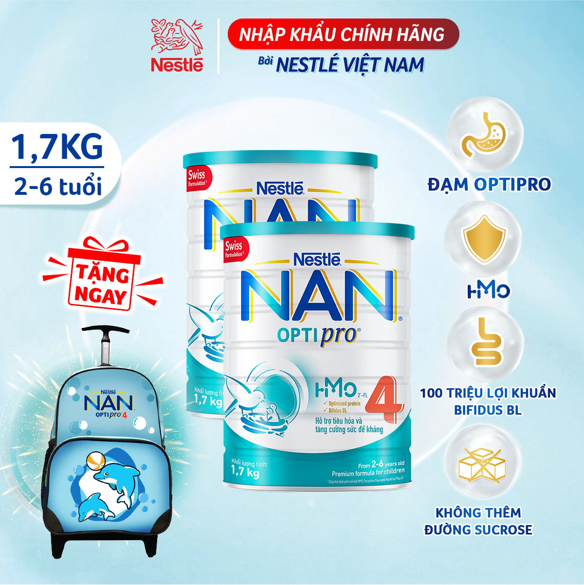 Combo 02 Sản phẩm dinh dưỡng công thức Nestlé NAN OPTIPRO  4 lon 1700g - TẶNG Balo kéo cá heo