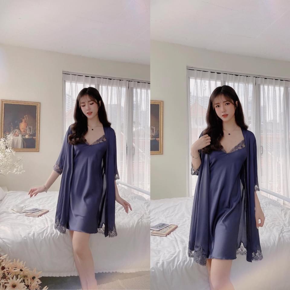 Set váy ngủ hai dây kèm áo choàng lụa chất đẹp thoáng mát