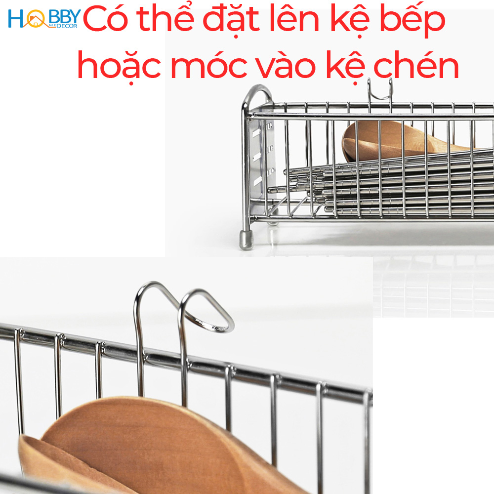 Khay đựng đũa muỗng cho ráo nước HOBBY KM1 chuẩn Inox 304 - kê lên kệ bếp hoặc móc vào kệ chén