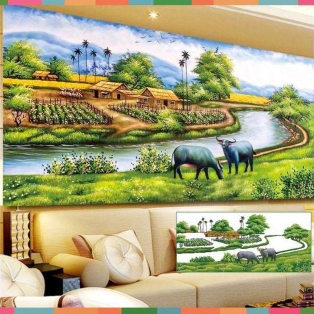 Tranh đính đá làng quê yên bình tuyệt đẹp kt 120×60cm