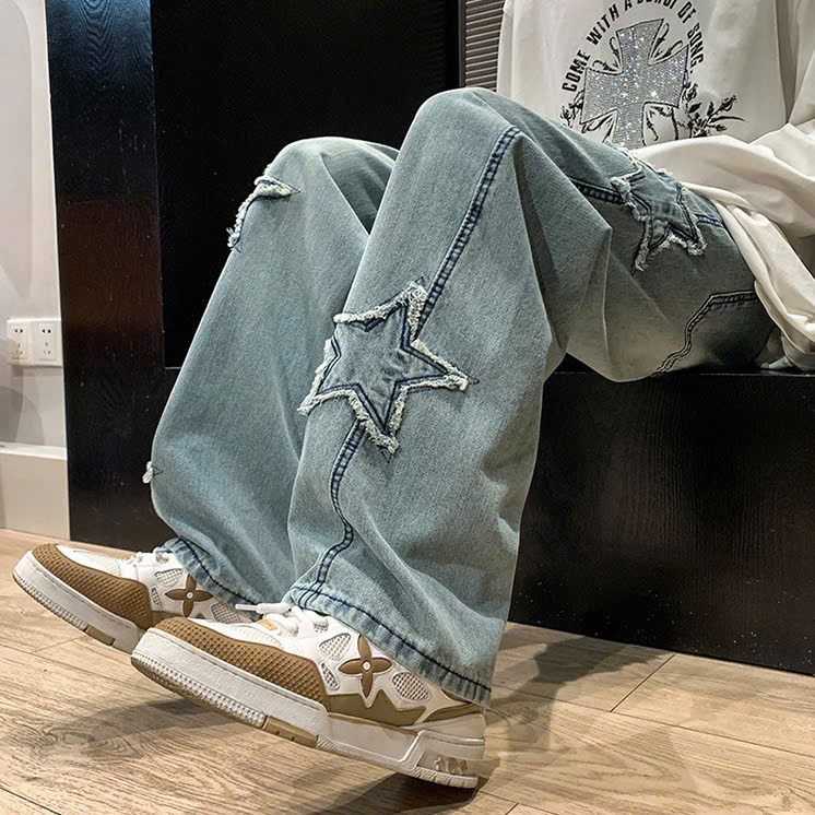Quần jean ống rộng nam nữ 2N Unisex hình ngôi sao Q10