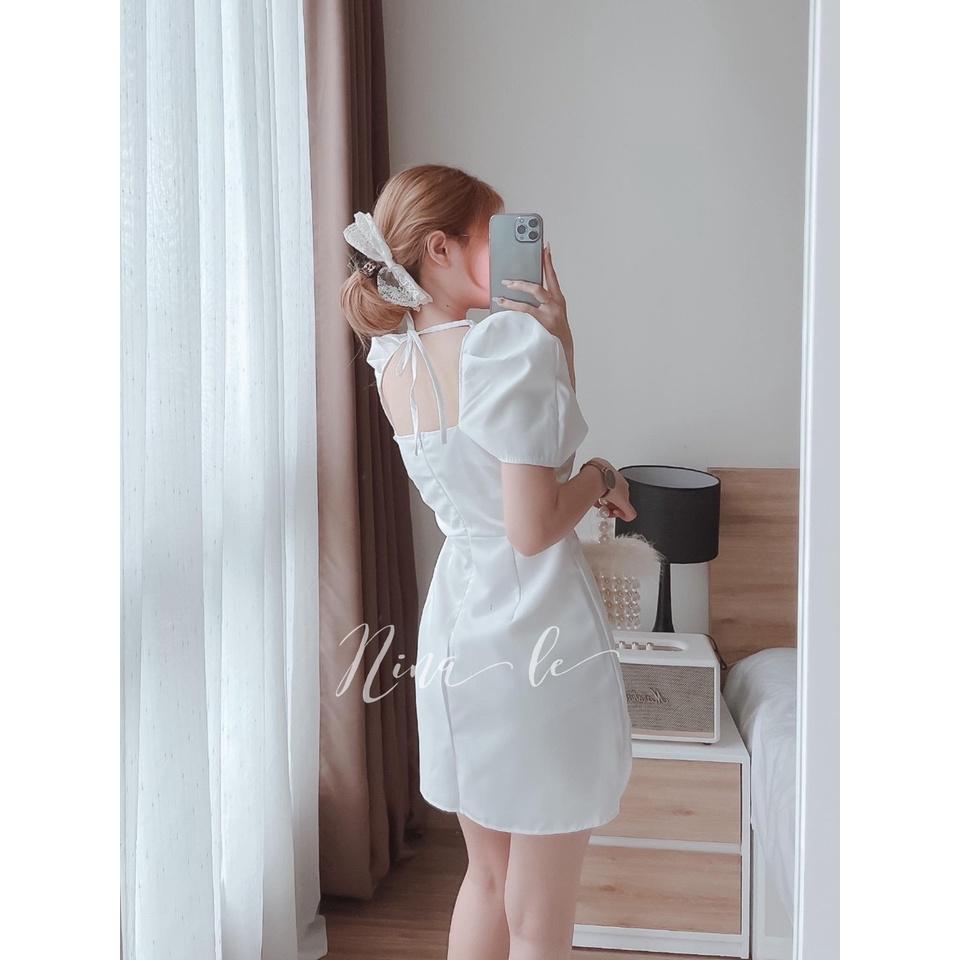 Đầm cổ vuông tay phồng, đầm trắng hở lưng yếm giả điệu đà nữ tính thời trang nữ