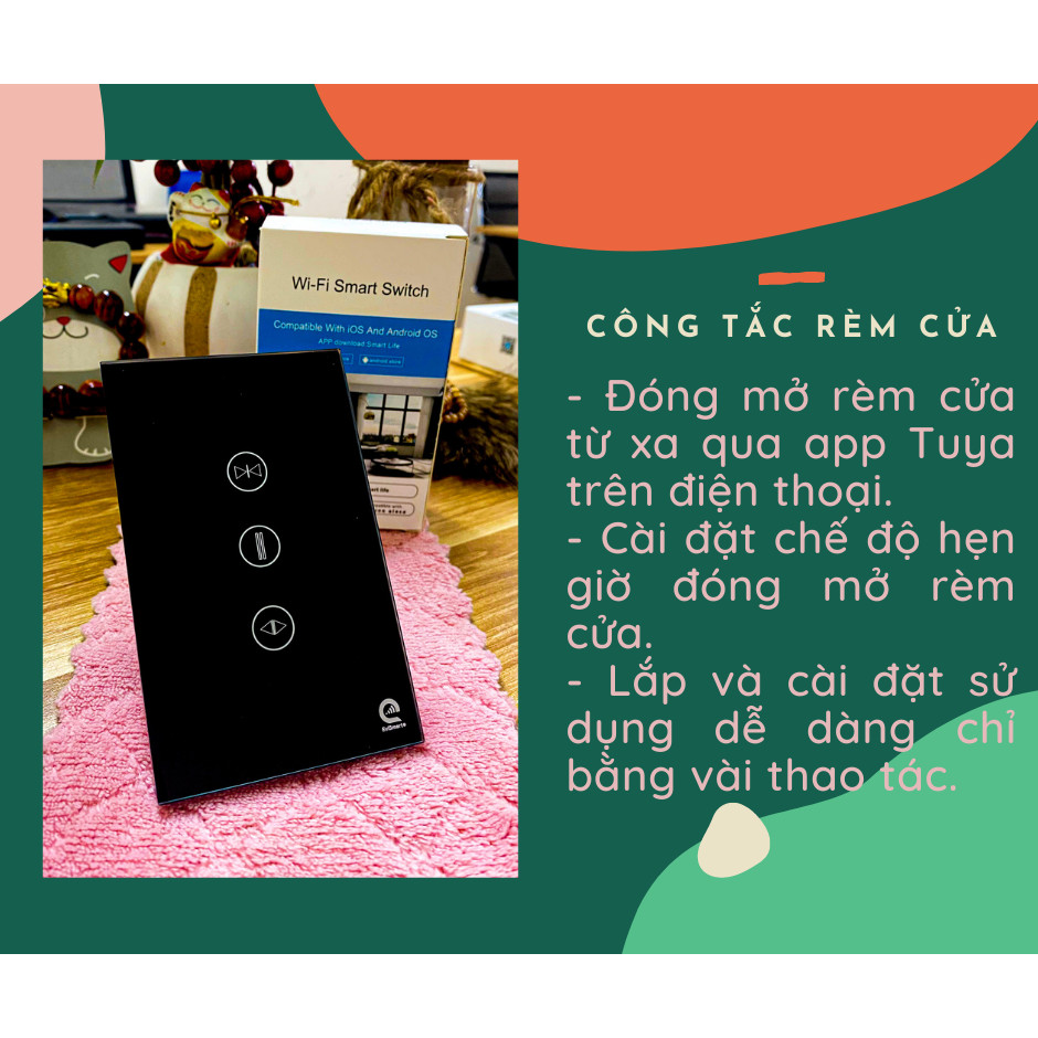 Công tắc cảm ứng thông minh Evismart điều khiển đóng mở rèm cửa từ xa sử dụng sóng wifi dùng qua app smartphone