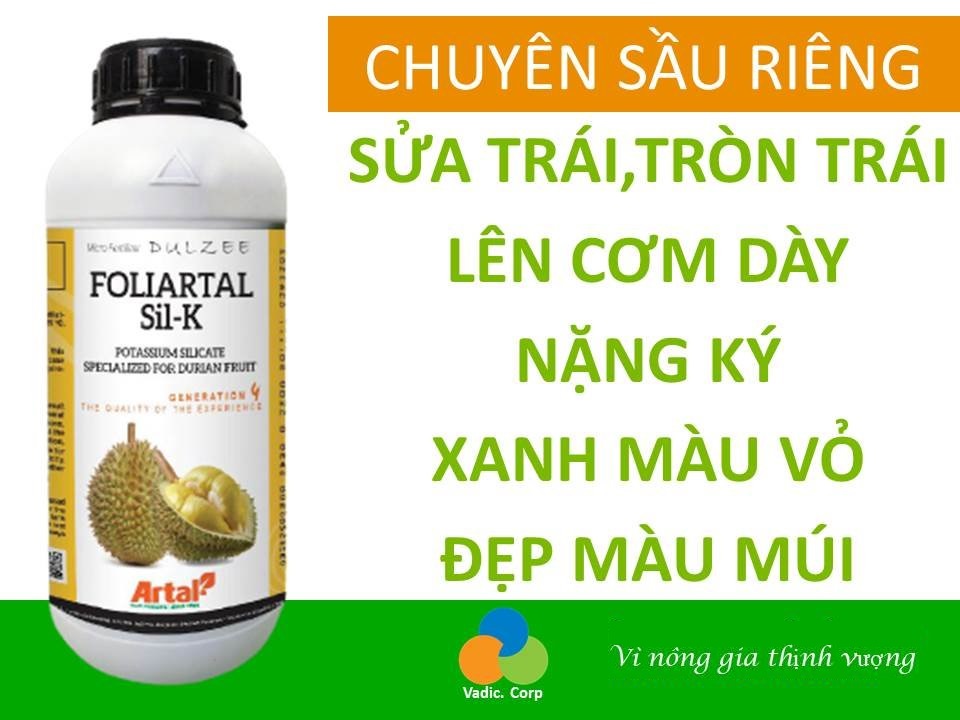 Phân bón 2 trong 1 FOLIARTAL SIL -K chuyên sầu riêng sửa trái, tròn trái, dày cơm nặng kí, lên màu múi đẹp (chai 500 -1000 ml)