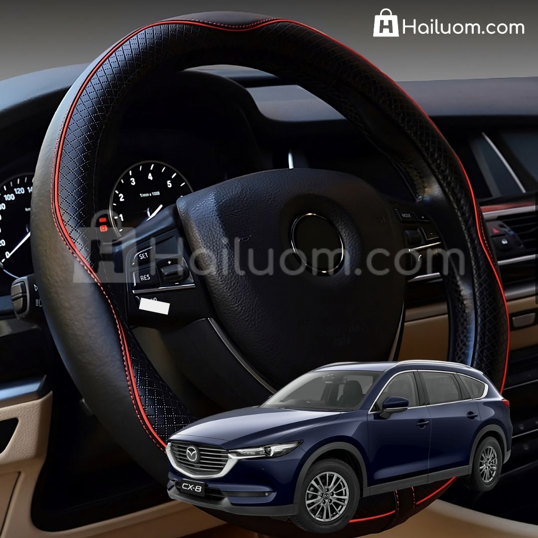 Bọc Vô Lăng ô tô cho MAZDA CX8 Da Thật Cao Cấp - Màu Đen Chỉ Đỏ