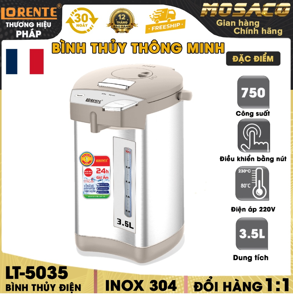 Bình Thủy Điện Lorente LT-5035 750W dung tích 3.5L Bình giữ nhiệt chế độ tự động ngắt, đun an toàn, ruột inox- Hàng Chính Hãng