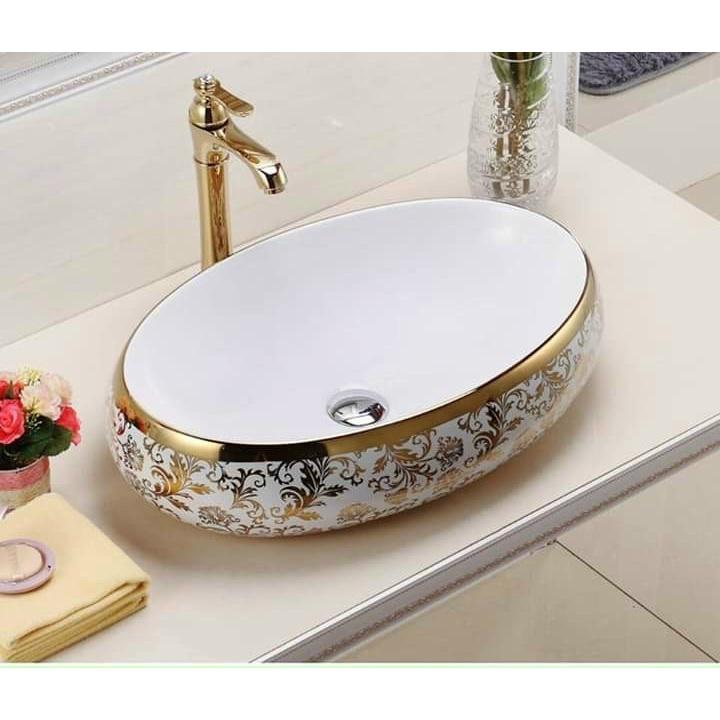 Chậu lavabo đặt bàn oval hoa văn vàng