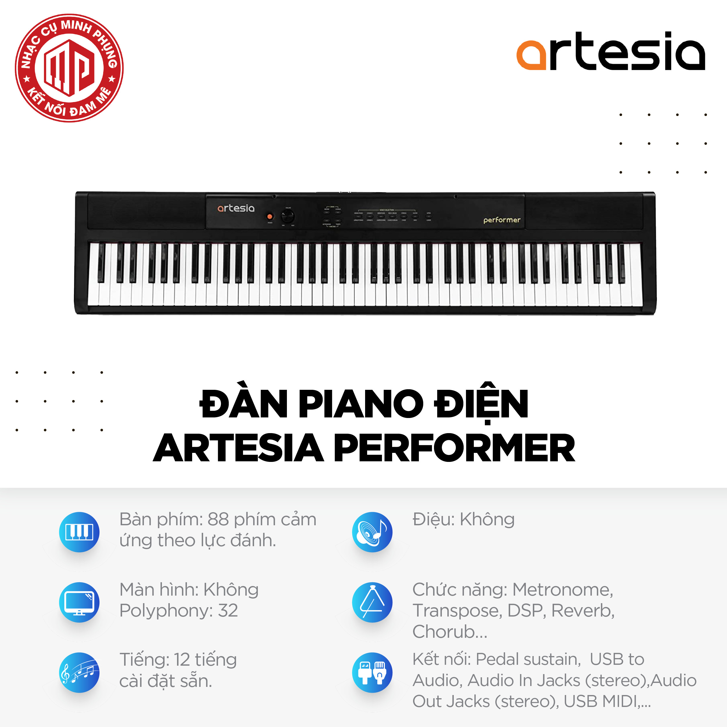 Đàn Piano điện/ Mobile Digital Piano - Artesia Performer - Best Digital Piano for Beginners - Màu đen (BL) - Hàng chính hãng