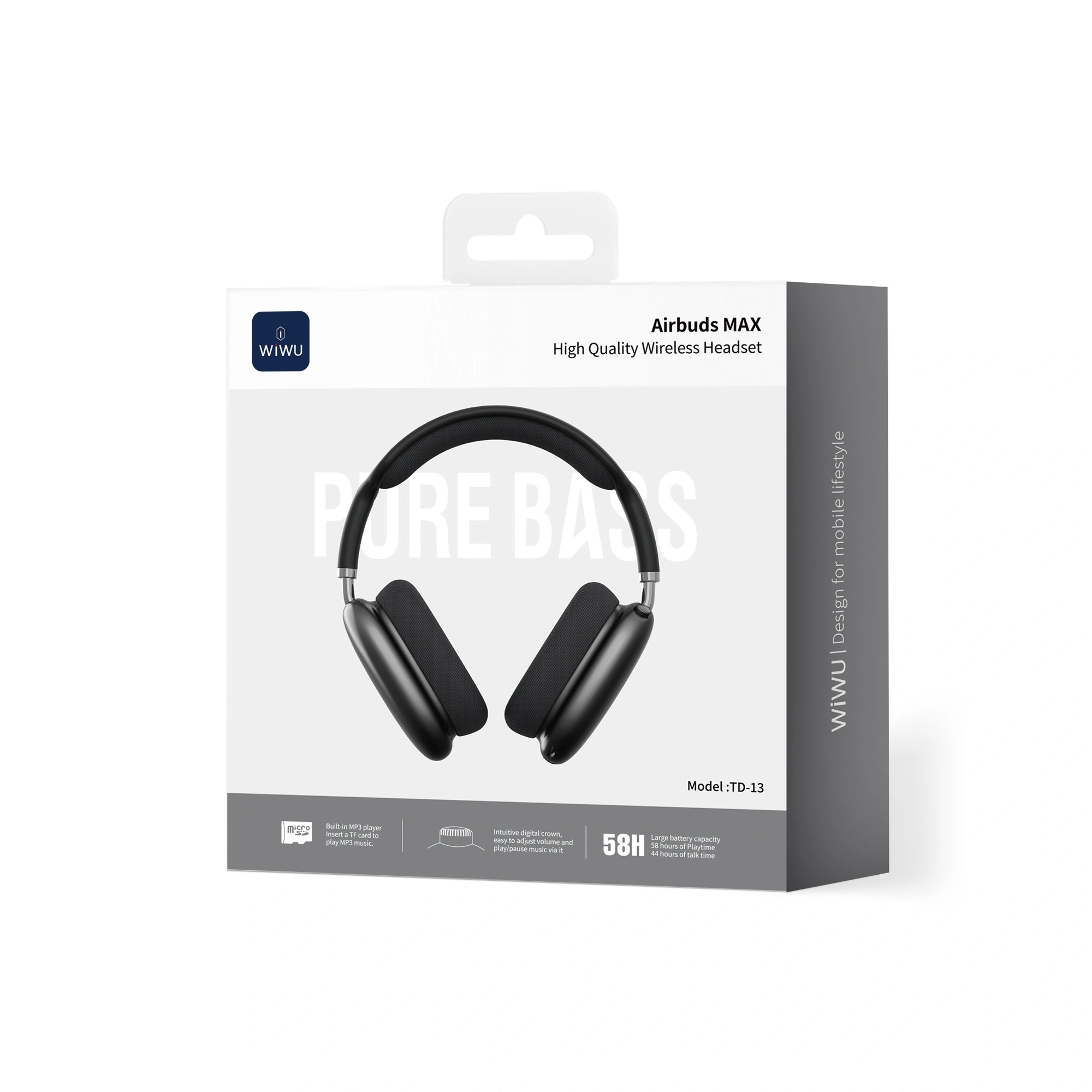 Tai nghe Bluetooth 6.0 công nghệ PureBass không dây WIWU Airbuds Max TD13 - Pin 58H, Đệm Tai Siêu Êm, Bass mạnh, Hỗ trợ khe TF Card, Âm trầm Pure Bass mạnh mẽ - Hàng nhập khẩu