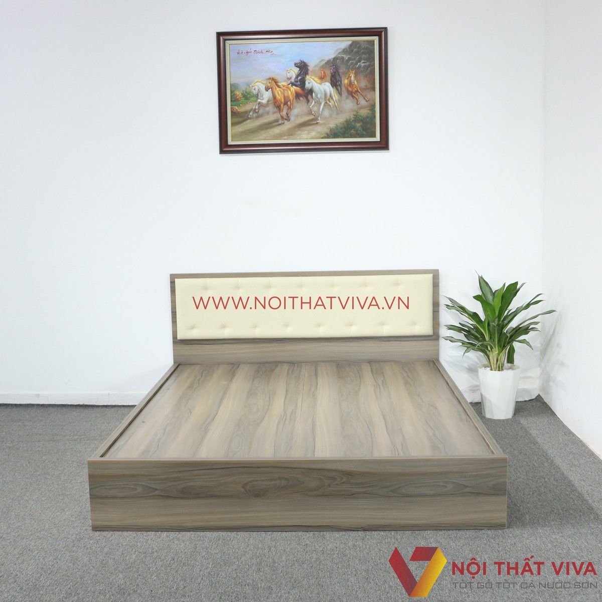 Giường Ngủ Gỗ MDF Melamine Màu Nết Có Đầu Nệm Kem Đẹp