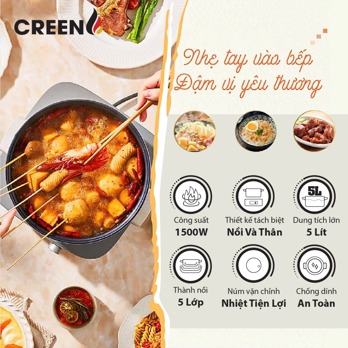 Nồi Lẩu Điện Đa Năng 5L CREEN CR-HP05 Thiết Kế Tháo Rời Độc Đáo, 1500W Bảo Hành 12 Tháng - Hàng Chính Hãng