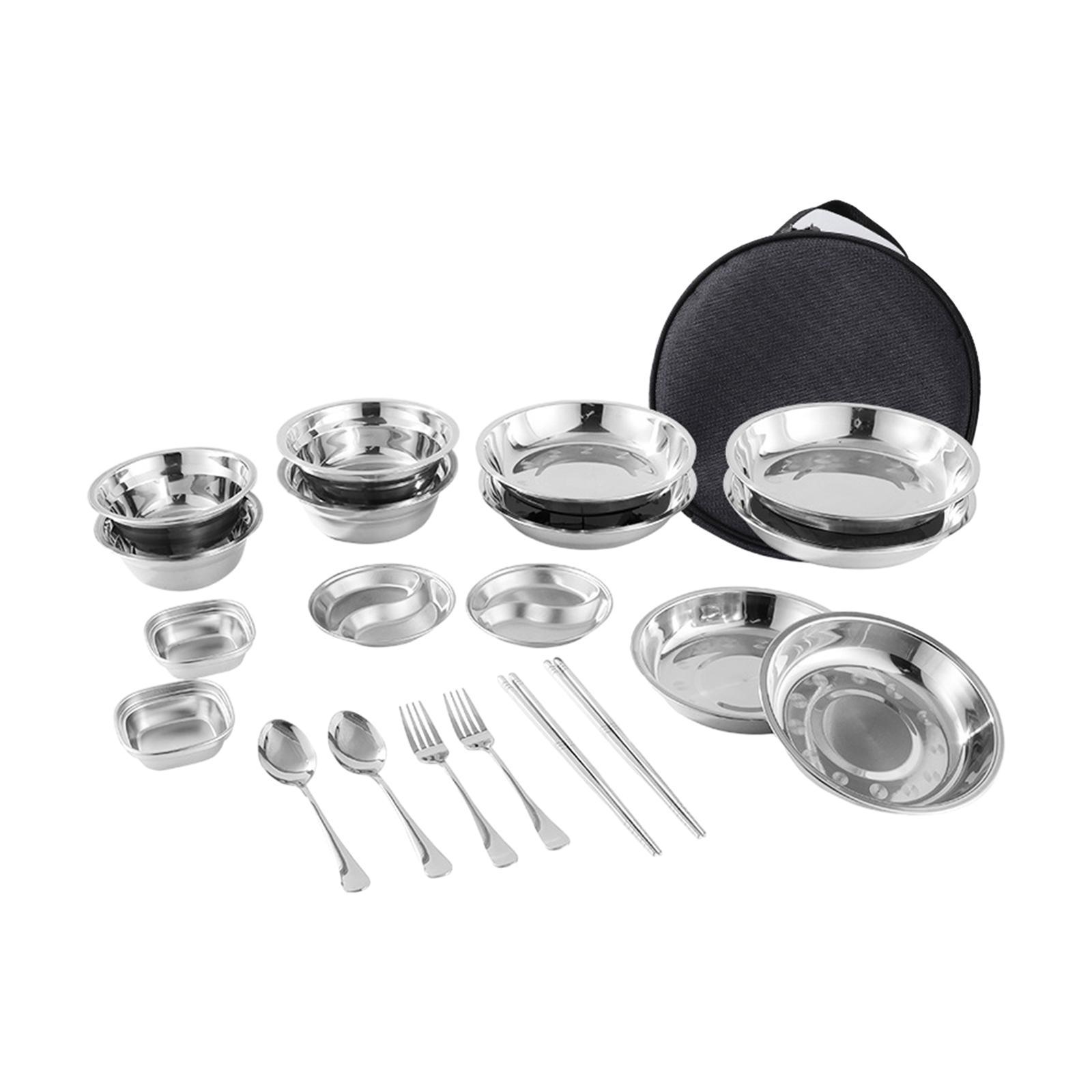 Stainless Steel Plates and Bowls Camping Set Durable for Family Travel Party