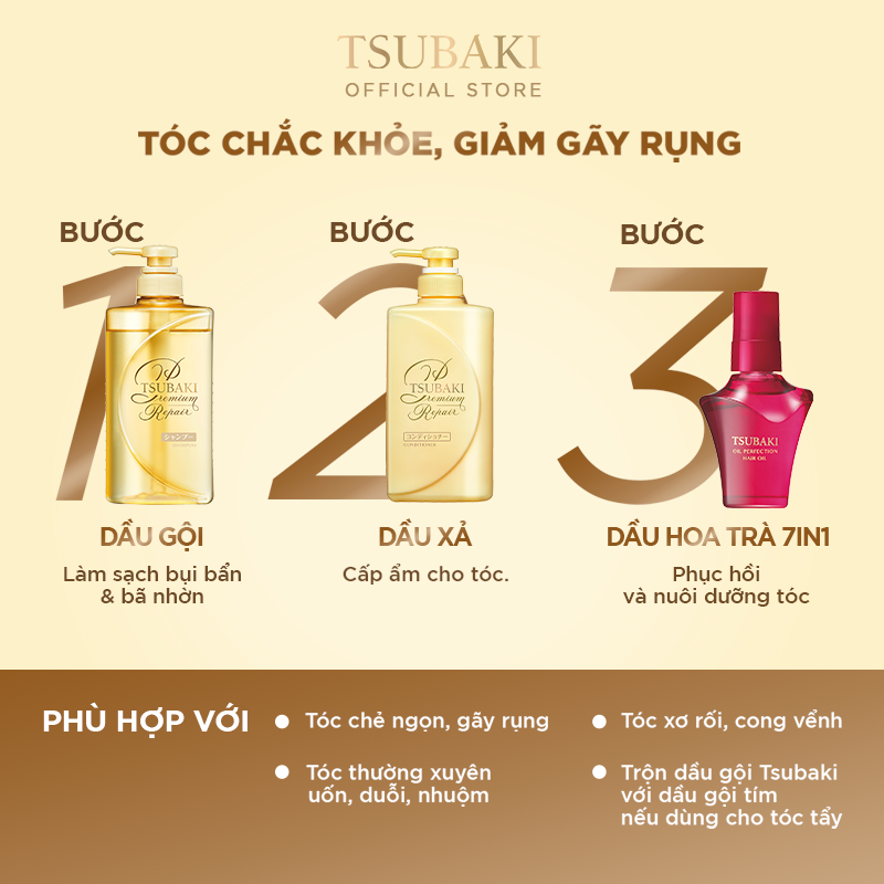 Bộ ba Tsubaki Premium Phục hồi ngăn rụng tóc &amp; Bảo Vệ Tóc Trước Tác Hại Của Tia UV (Gội Xả 490ml/chai + Dầu dưỡng tóc 50ml)