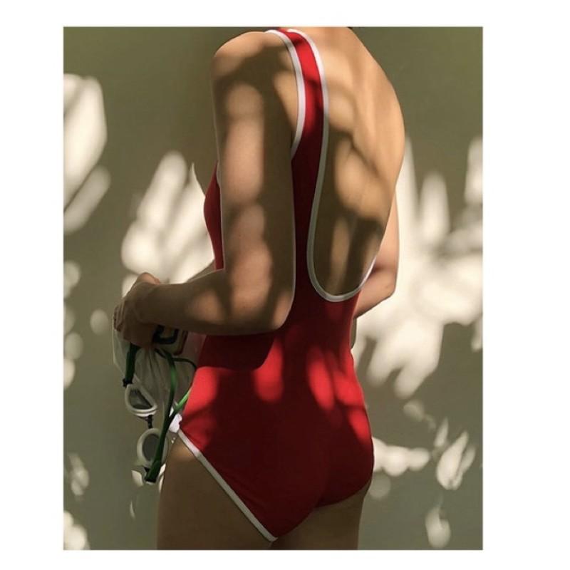 Monokini bikini liền mảnh viền trắng sporty