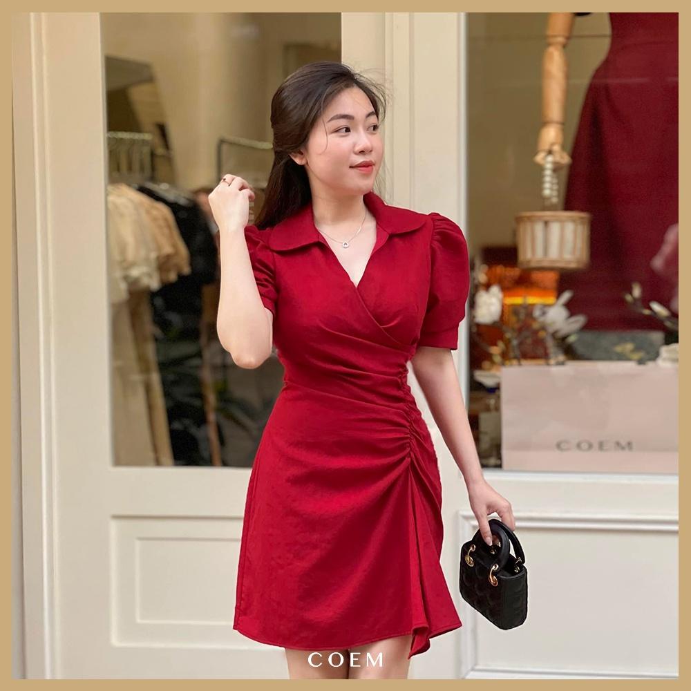 Váy Sơ Mi Công Sở Thắt Eo Lệch Tay Phồng Màu Đỏ CO EM Chất Liệu Linen Premium Thấm Hút Tốt Phù Hợp Đi Làm Đi Chơi