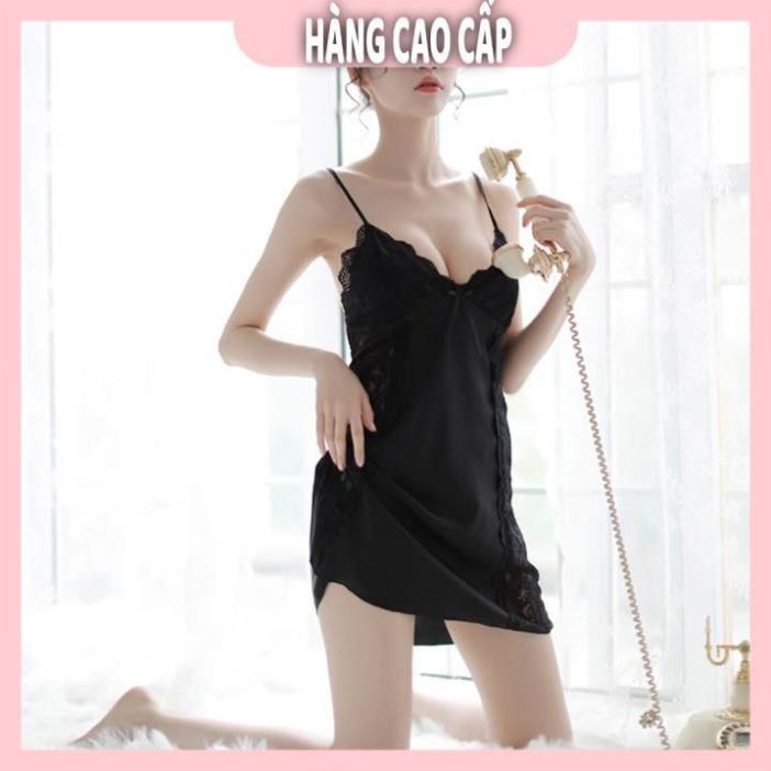 Váy ngủ lụa hai dây phối ren hông gợi cảm *