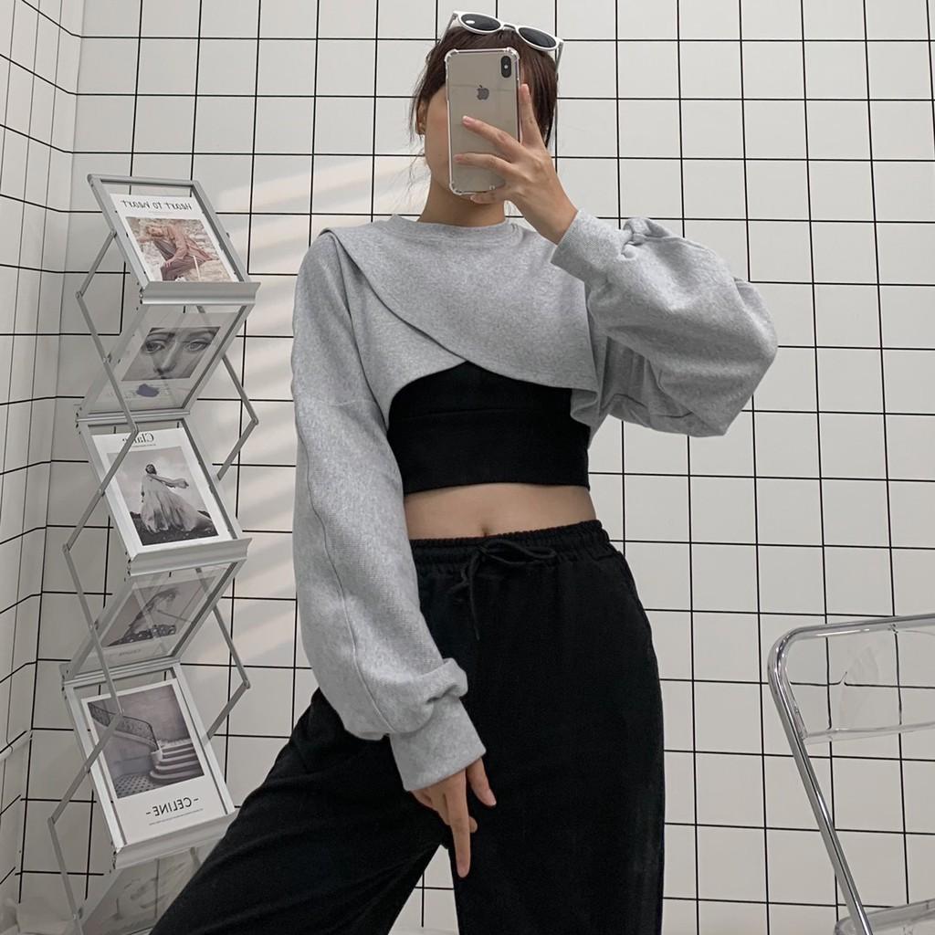 Áo Croptop Dài Tay Dáng Rộng Đắp Chéo Phong Cách Hàn Quốc