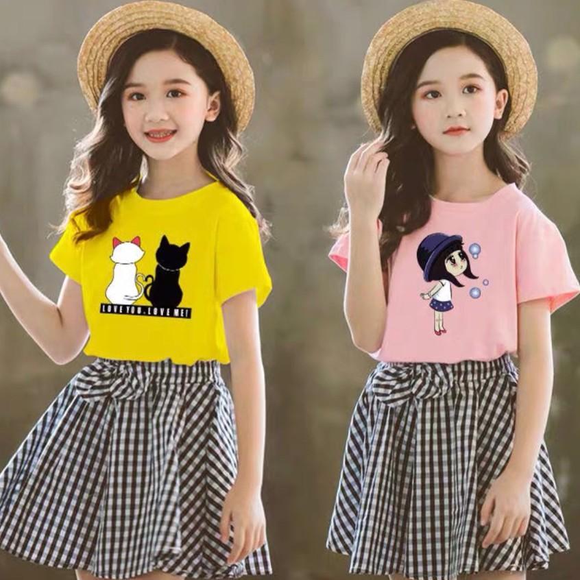 Áo thun bé gái Con Xinh cotton 2 CON MÈO LOVEU.LOVEME, áo thun trẻ em từ 5 đến 14 tuổi