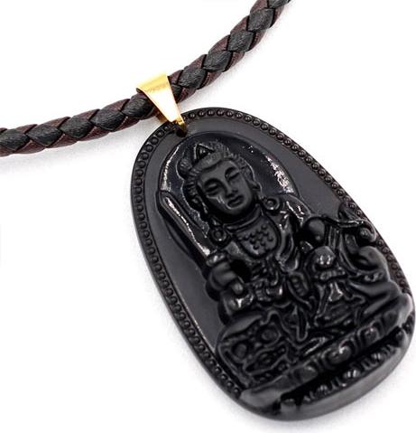 Vòng cổ dây da Văn Thù Bồ Tát thạch anh đen 5cm - Phật bản mệnh tuổi Mão