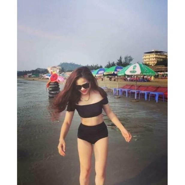 Bikini 2 mảnh đồ bơi áo trễ vai màu đen có ống tay nữ siêu đẹp ( Ảnh chụp từ khách)