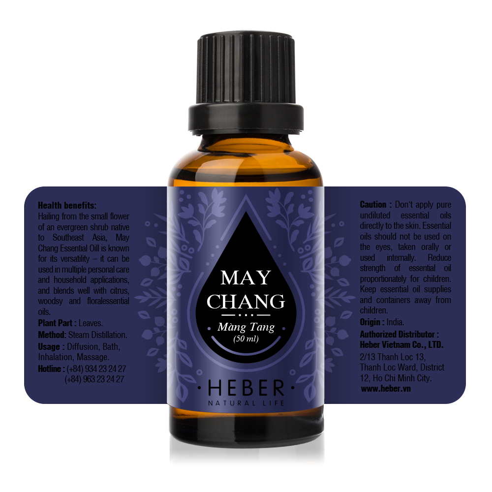 Tinh dầu Màng Tang May Chang Essential Oil Heber | 100% Thiên Nhiên Nguyên Chất Cao Cấp | Nhập Khẩu Từ Ấn Độ | Kiểm Nghiệm Quatest 3 | Xông Hương Thơm Phòng