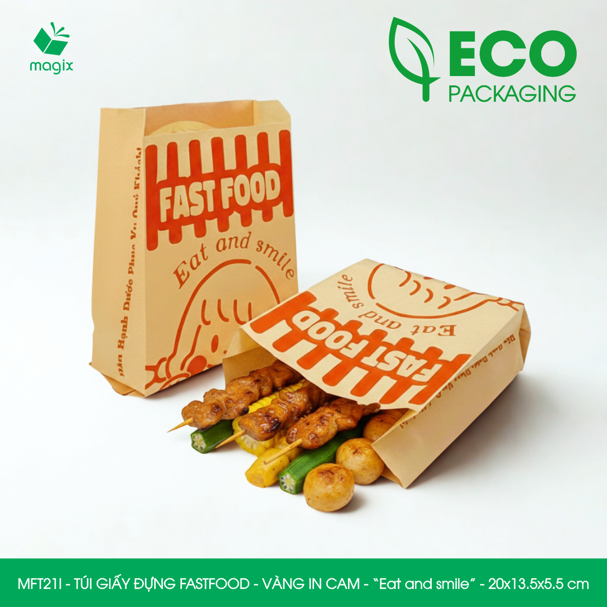 MFT21I - 20x13.5x5.5 cm - 100 Túi giấy Kraft đựng fastfood, túi đựng thực phẩm