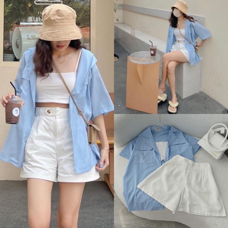 SET ÁO HAI DÂY ÁO SƠ MI KÈM SHORT
