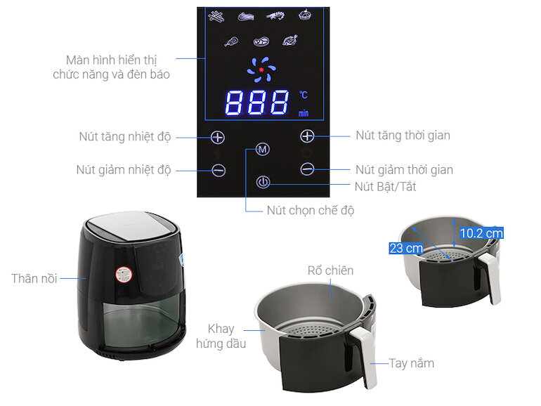 Nồi Chiên Không Dầu Điện Tử Perfect PF-D92 - Màn hình cảm ứng - 5 Lít ( Hàng Chính Hãng )