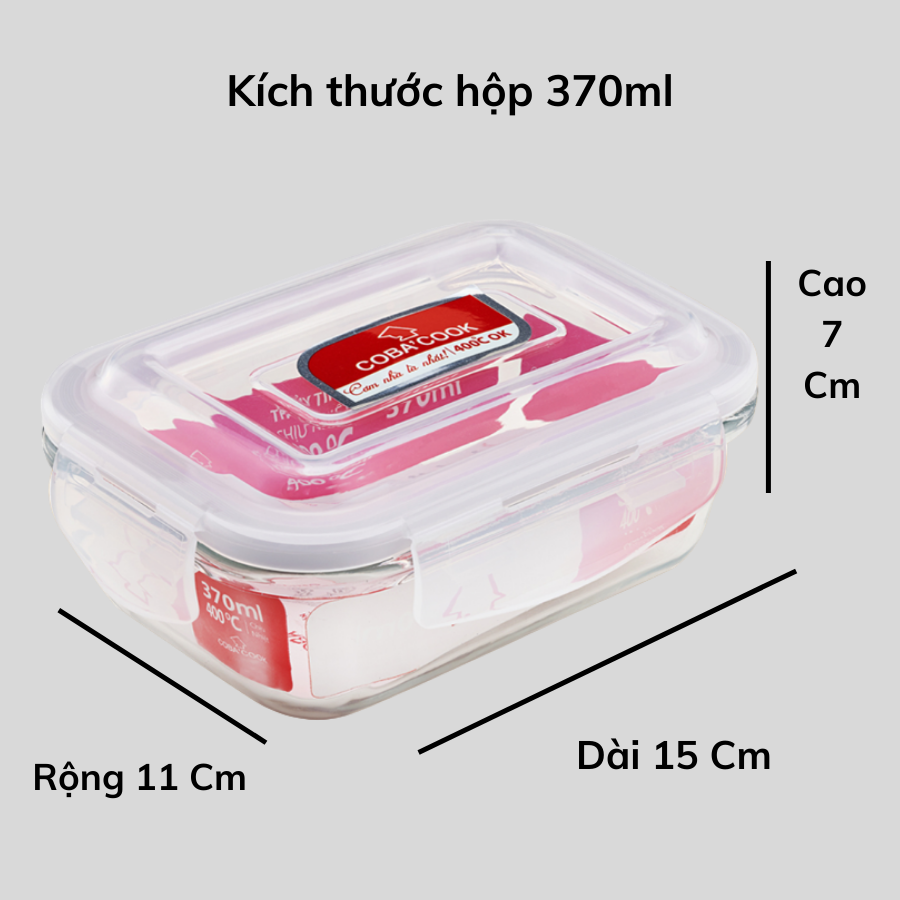 Bộ 3 hộp thủy tinh COBA'COOK đựng thực phẩm chịu nhiệt hình chữ nhật dung tích 370ml -CCL33