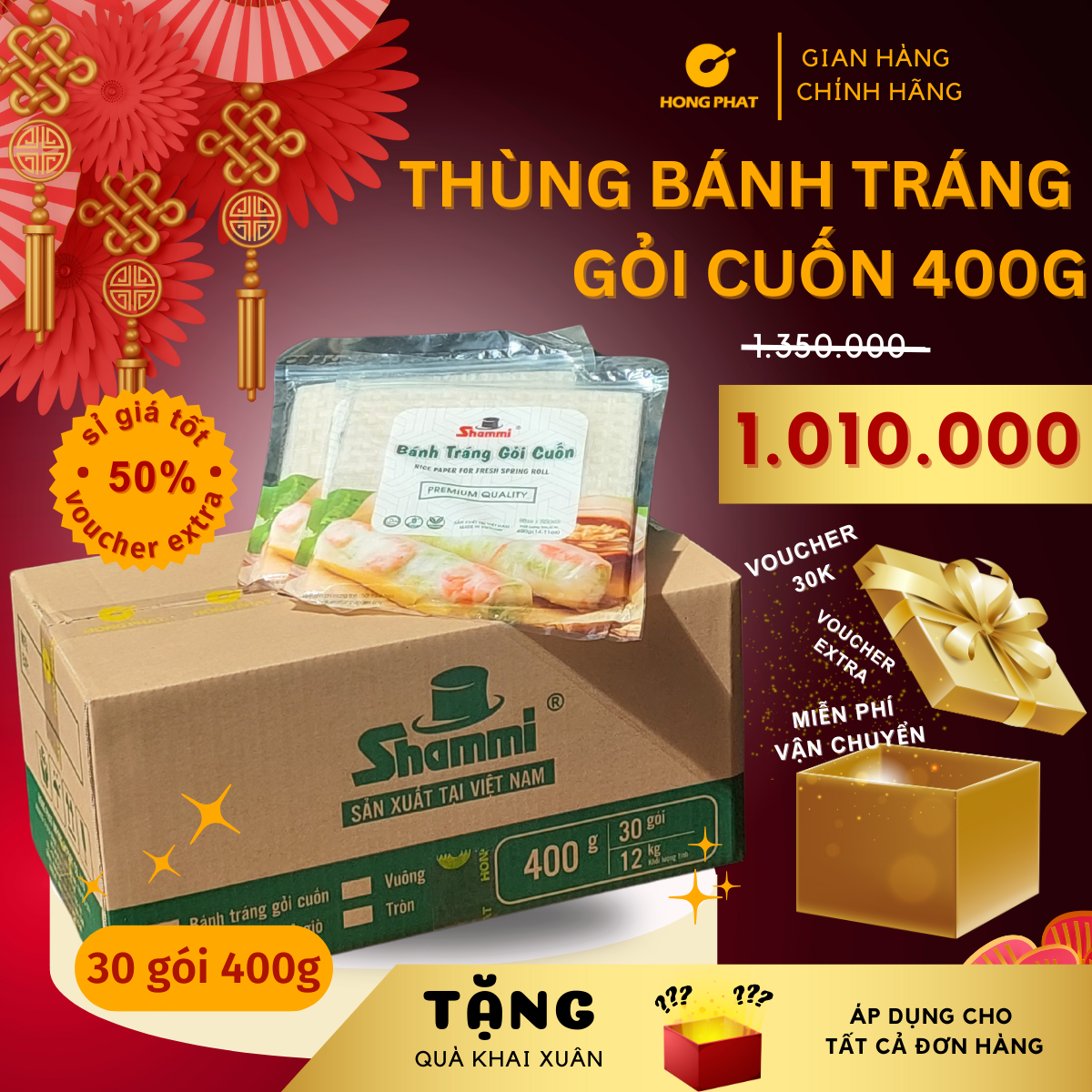 Thùng Bánh tráng gỏi cuốn Shammi vuông size 22cm túi 400g (Bánh tráng xuất khẩu có túi zip)