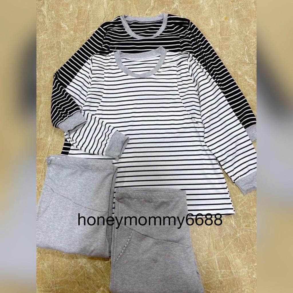 Bộ Nỉ Bầu Họa Tiết Kẻ Thể Thao Thu Đông Dài Tay, Bộ Bầu Sau Sinh Cho Con Bú HT4638 Honey Mommy