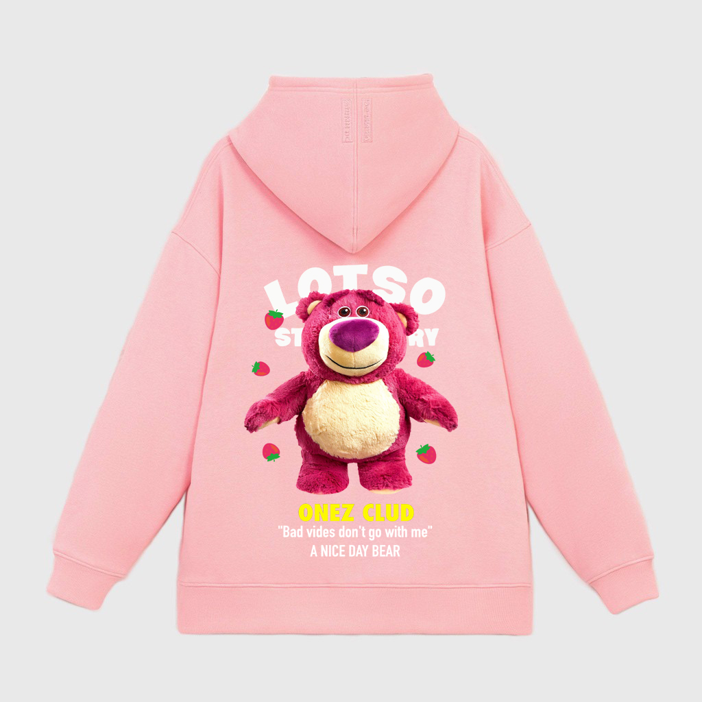 Áo hoodie gấu dâu Lotso local brand form rộng OneZ màu hồng nỉ bông hàn quốc đẹp ,mềm mịn có mũ 2 lớp dày
