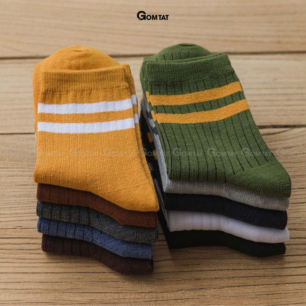 Combo 10 đôi Vớ Cổ Cao Unisex Cotton Dày dặn, Tất Cao Cổ Nam Nữ Họa Tiết Cổ 2 Sọc Ngang - CB202