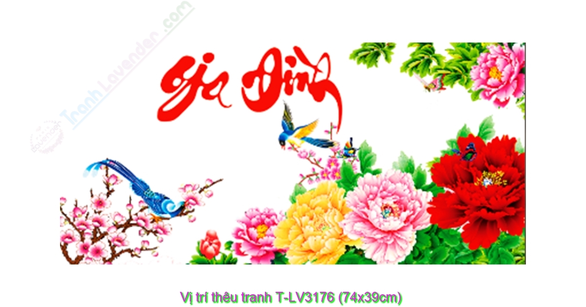 Tranh thêu chữ thập gia đình hoa mẫu đơn LV3176 74 x 39 cm  - chưa thêu