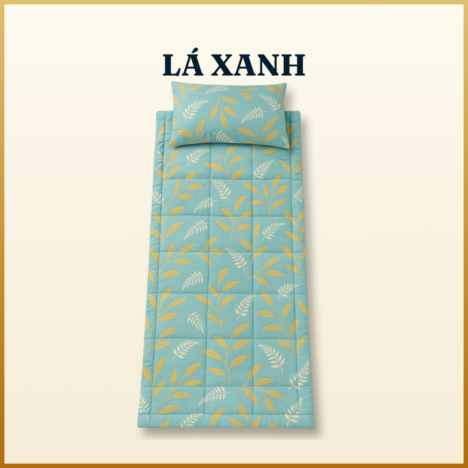 Combo nệm ngủ trưa văn phòng cao cấp A 80x190cm  1 gối hơi 35 x 50 cm – tặng kèm 1 vỏ gối cotton poly cùng màu – Lá xanh