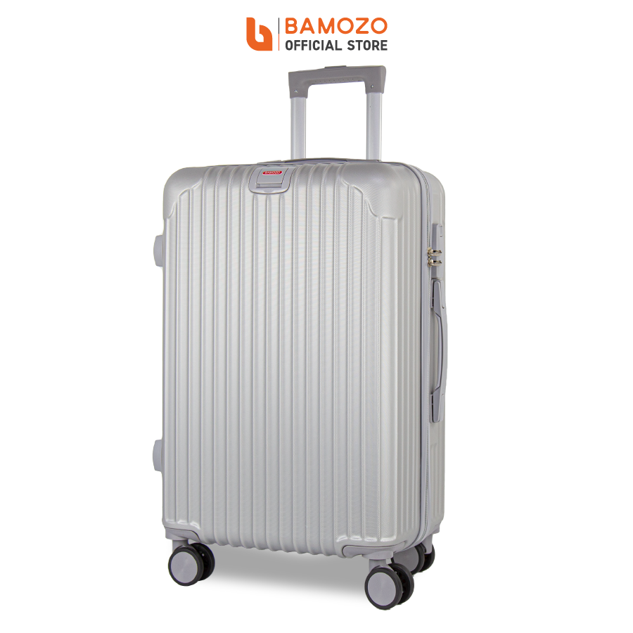 Vali du lịch BAMOZO 8801 MÀU BẠC size 20/24, vali kéo nhựa được bảo hành 5 năm