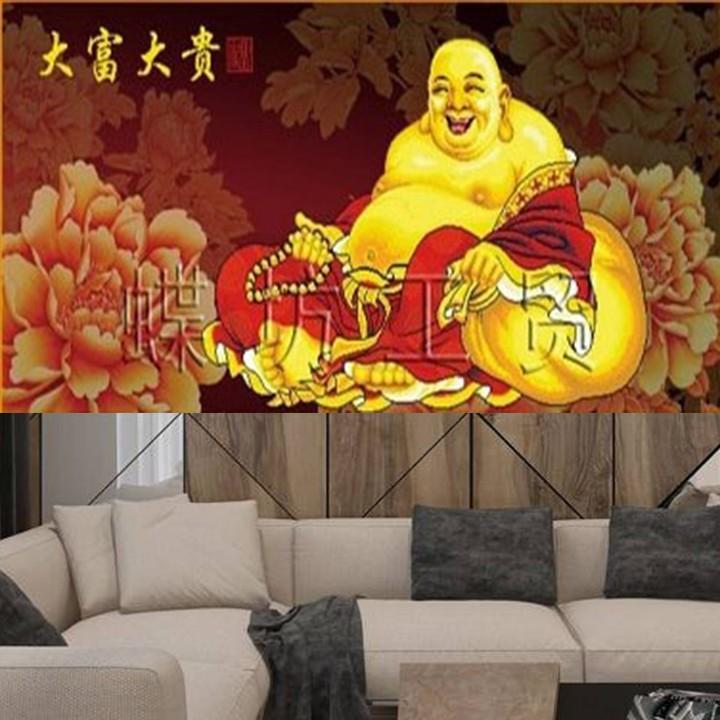 Tranh thêu Phật Di Lặc hoa mẫu đơn A874 - kích thước: 143 * 70cm.