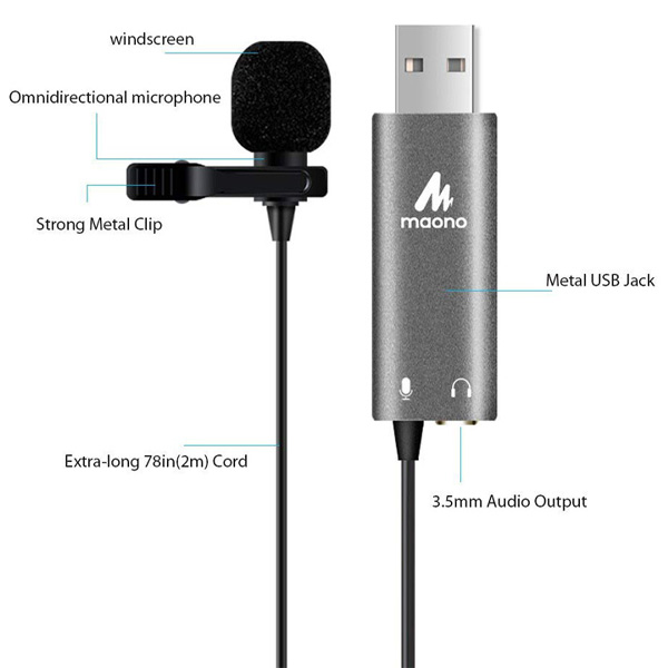 Maono AU-UL20 - Micro cài áo Lavalier cổng USB có Jack cắm tai nghe dùng cho máy tính - Hàng chính hãng