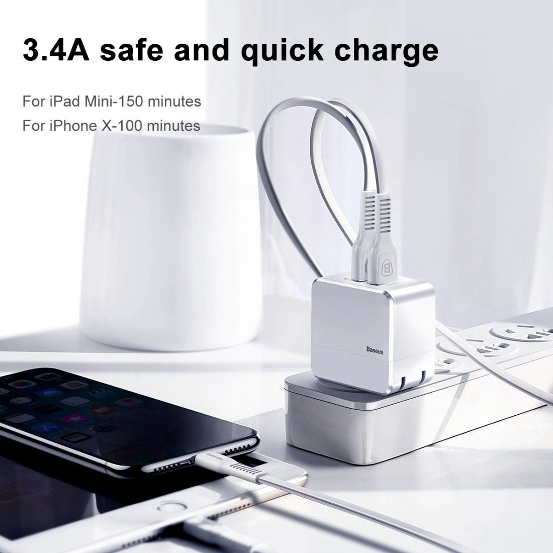 Cốc sạc nhanh cao cấp 2 cổng USB -  Mini Square Dual-U Chager ( 3.4A Max) Baseus - Hàng Chính Hãng