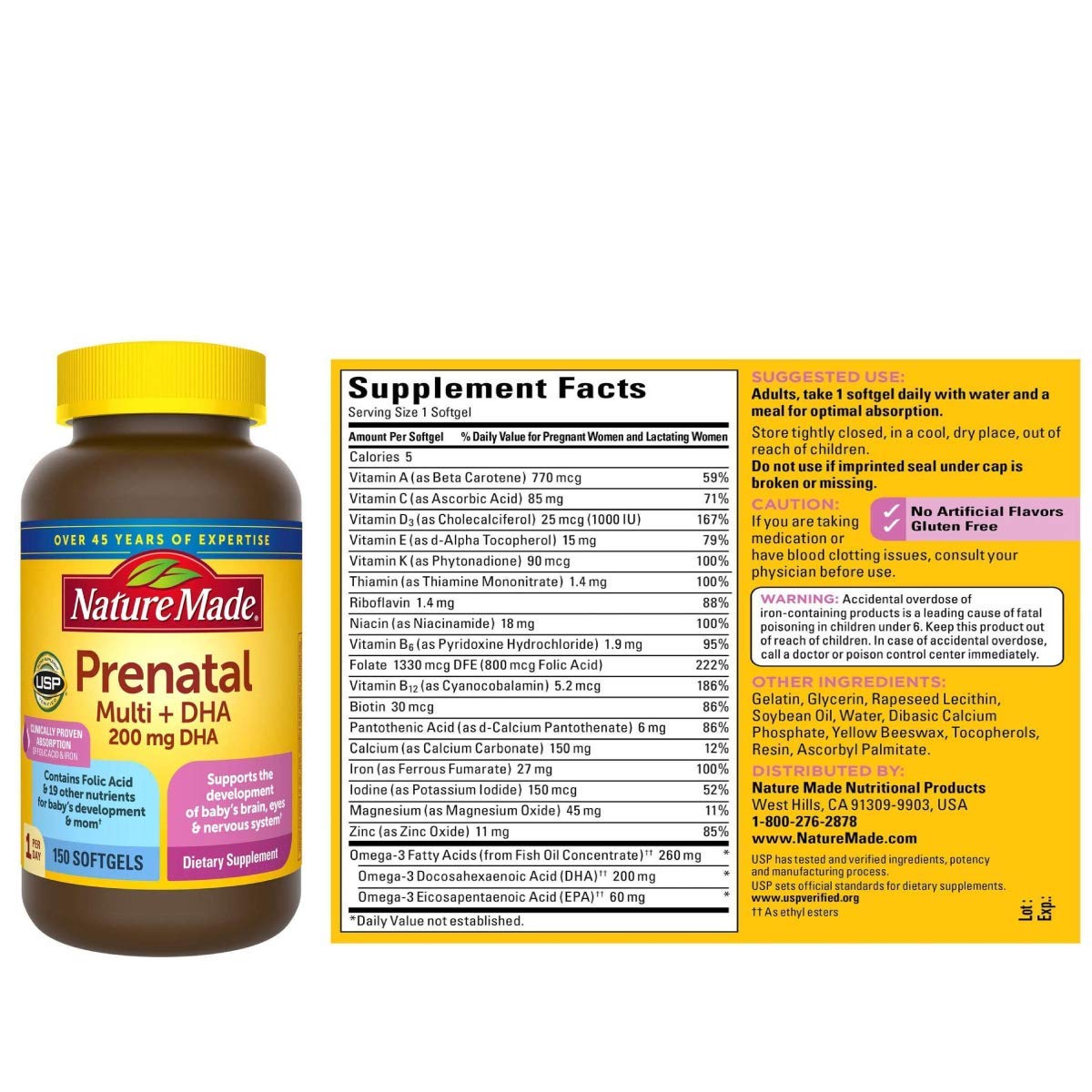 Vitamin tổng hợp cho bà bầu Mỹ Prenatal Folic Acid+ DHA Nature Made giúp phát triển não bộ, hệ thần kinh, xương và mắt của bé, hỗ trợ sức khỏe của mẹ - OZ Slim Store